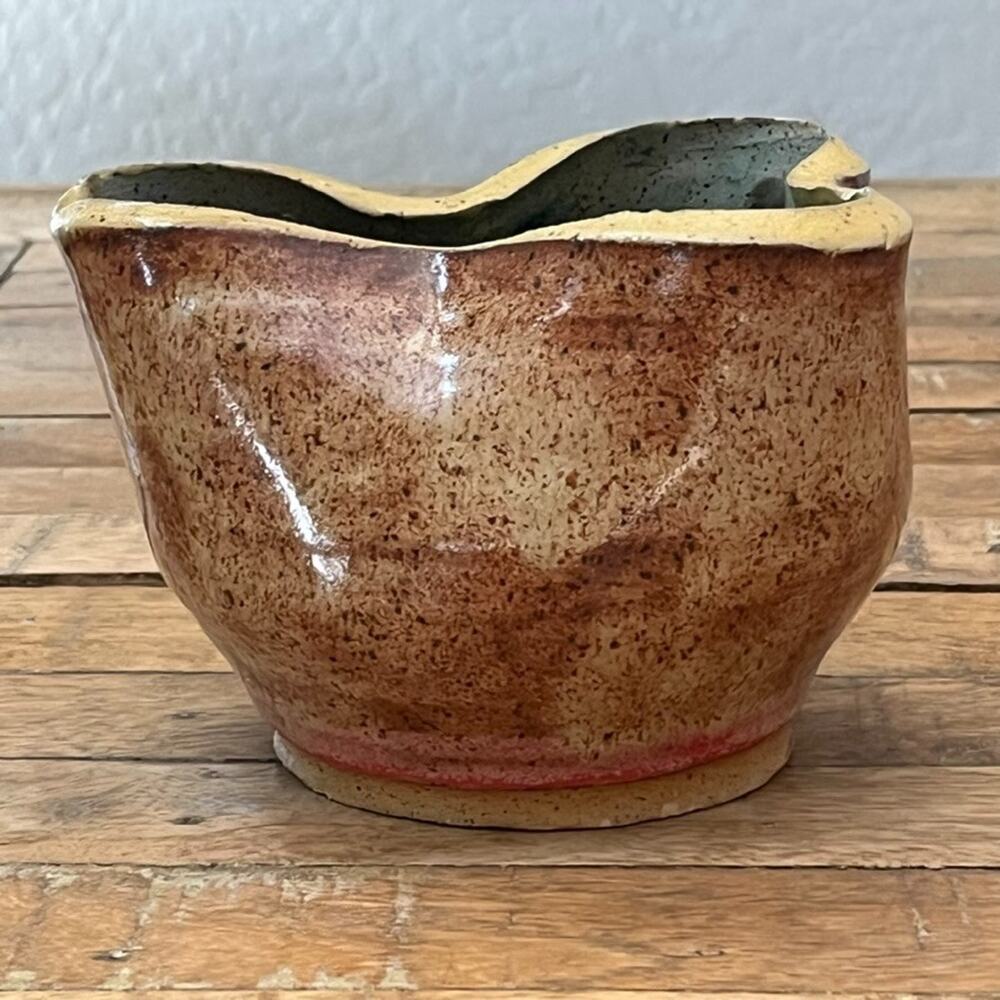 Studio Art Pottery Ceramic Organic Bowl 4.5" Tall Brown Speckled Exterior Blue